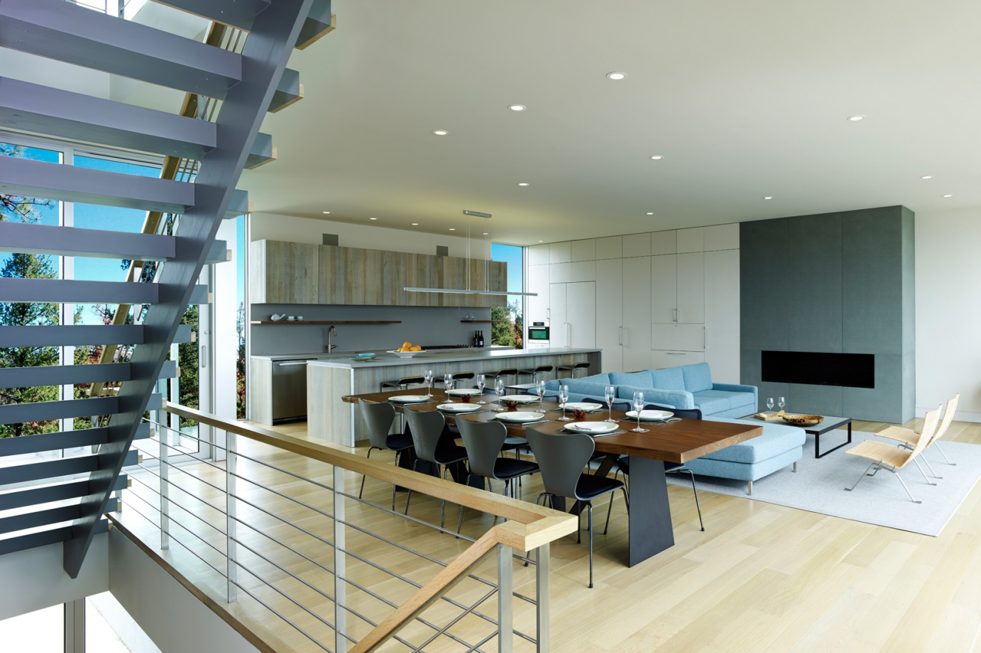 Open-plan kitchen, dining, and living